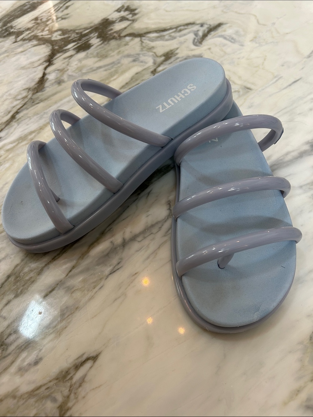 SCHUTZ Glossy Light blue Triple-Strap Slide Sandals